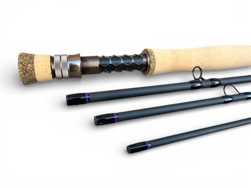 Tidewater Virtue 6wt 9ft fly fishing rod with Purple Haze X Hexagon Carbon Fiber reel seat, showcasing the sleek rod design.