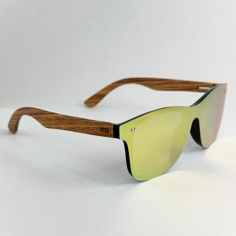 Eastern Outer Natalia sunglasses with zebrawood frames, featuring sleek design and dark tinted lenses.