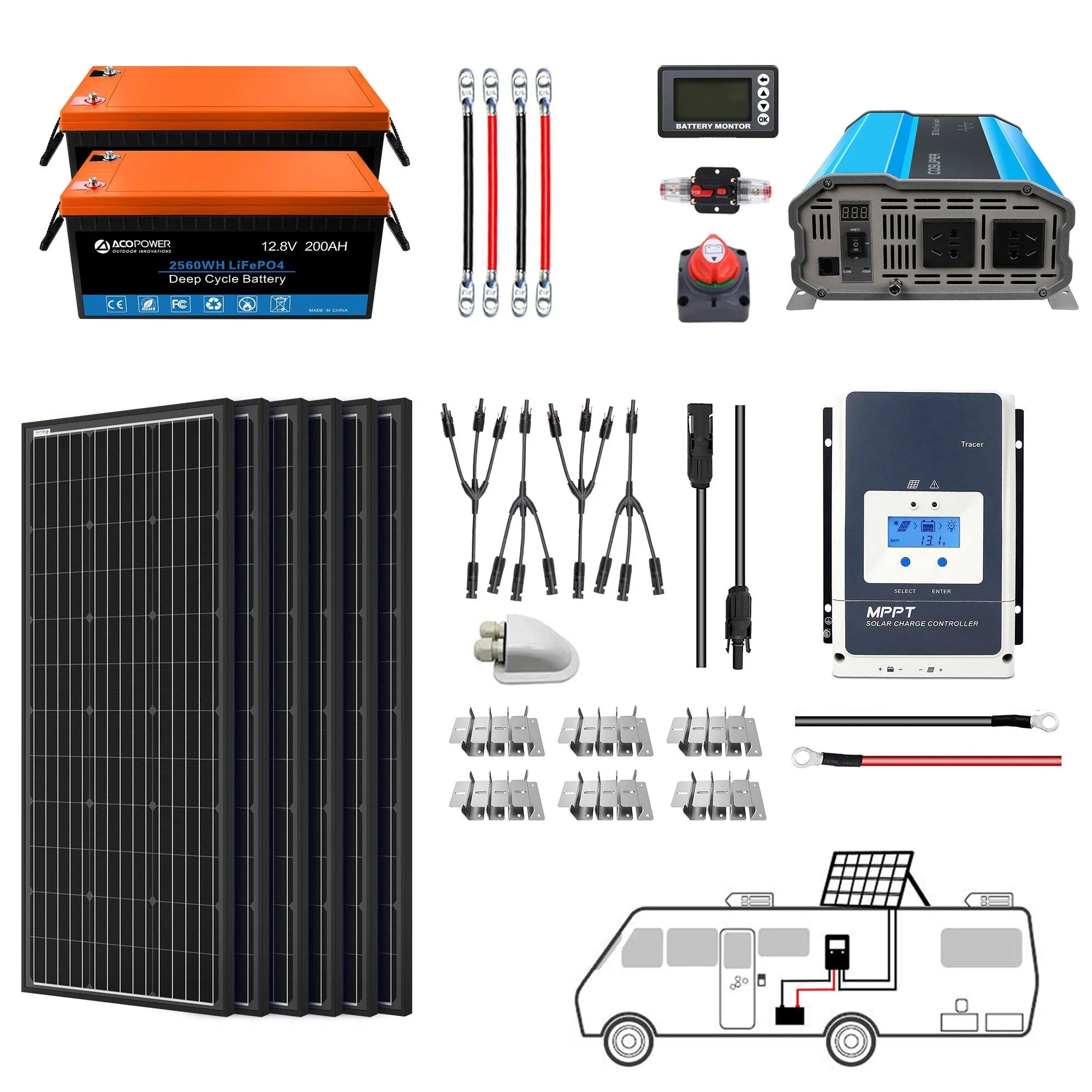 Green Vista Living lithium mono solar battery system with inverter for RV and boat, 600W, 12V off-grid solar power kit.