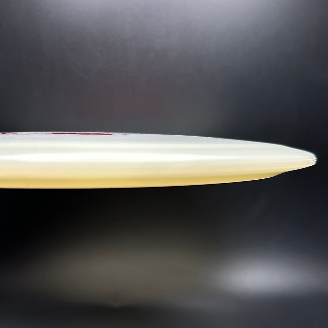 Glow C-Line FD disc golf disc by Rare Air Discs featuring custom "Mystic RAD Vision" stamp on a white background.