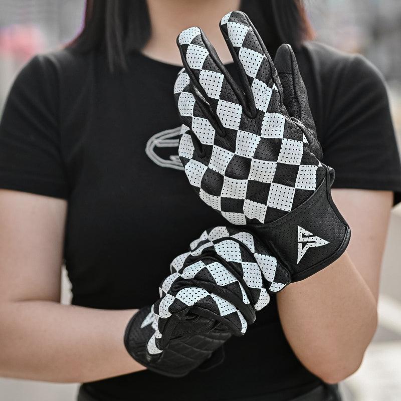 Bean's Moto Booth HVA™ Checkerboard motorcycle gloves with black and white checkerboard design and protective knuckles.