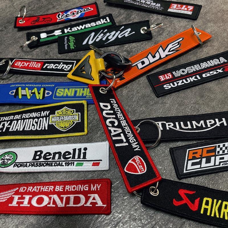 Embroidered motorcycle brand keychain decor featuring Bean's Moto Booth logo and detailed stitching, ideal for motorcycle enthusiasts.