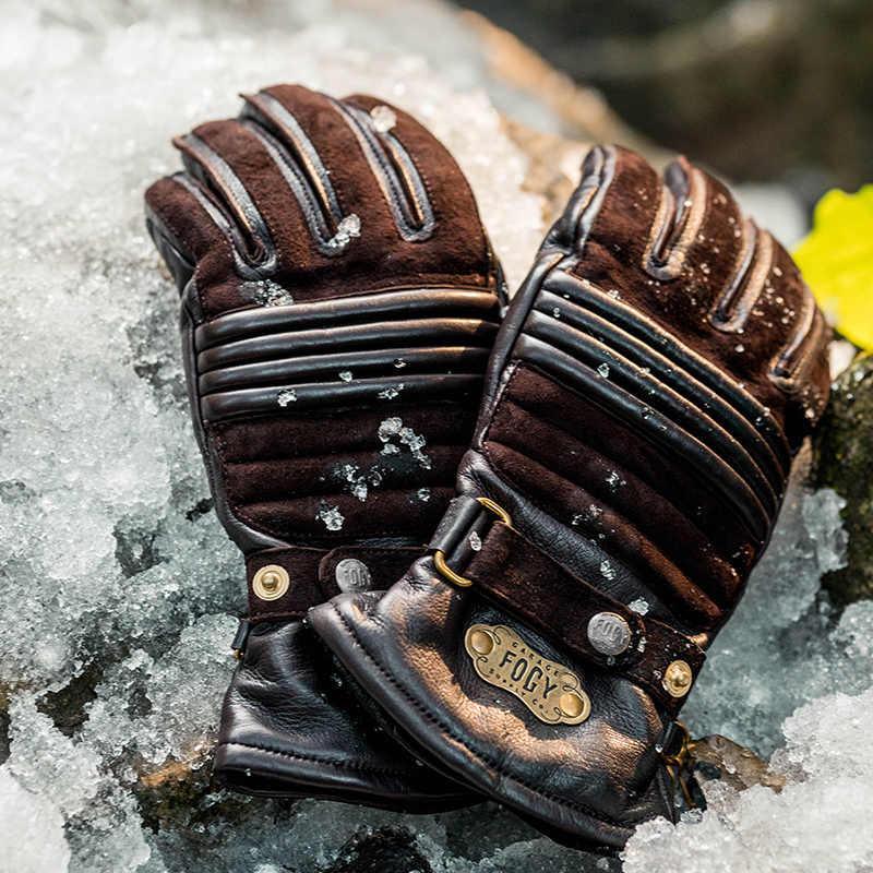 Bean's Moto Booth FOGY™ winter leather motorcycle gloves with reinforced knuckles and touchscreen fingertips for cold weather riding.