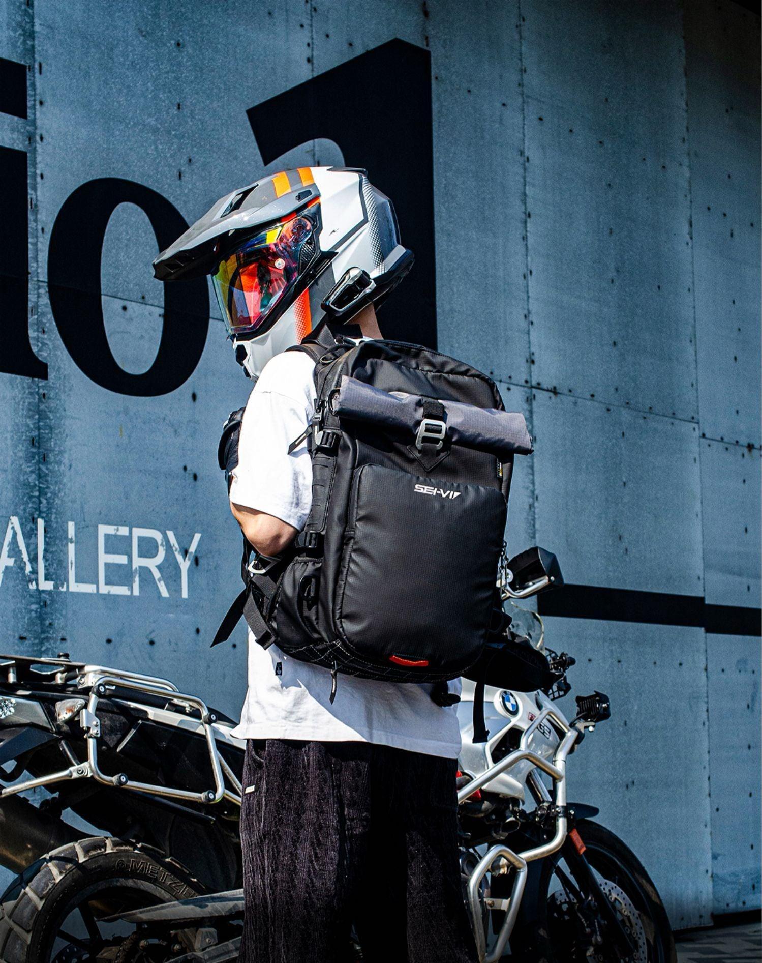 Seivi™ motorcycle touring tactical camping backpack by Bean's Moto Booth with multiple compartments and adjustable straps for outdoor riding.