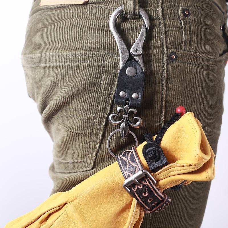 Black motorcycle leather glove with anti-loss buckle, designed for motorcycle accessories by Bean's Moto Booth.