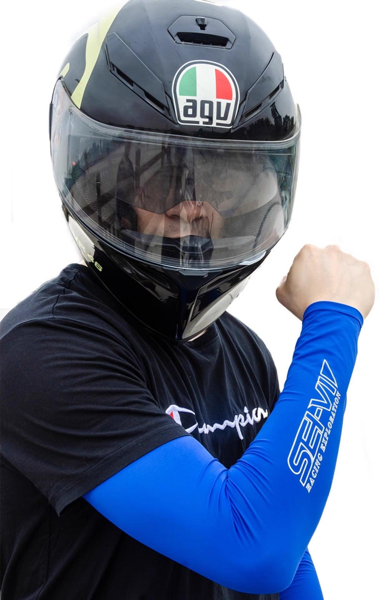 Beige SEIVI™ motorcycle sun protection cooling sleeves with black accents, designed as motorcycle accessories for sun protection.