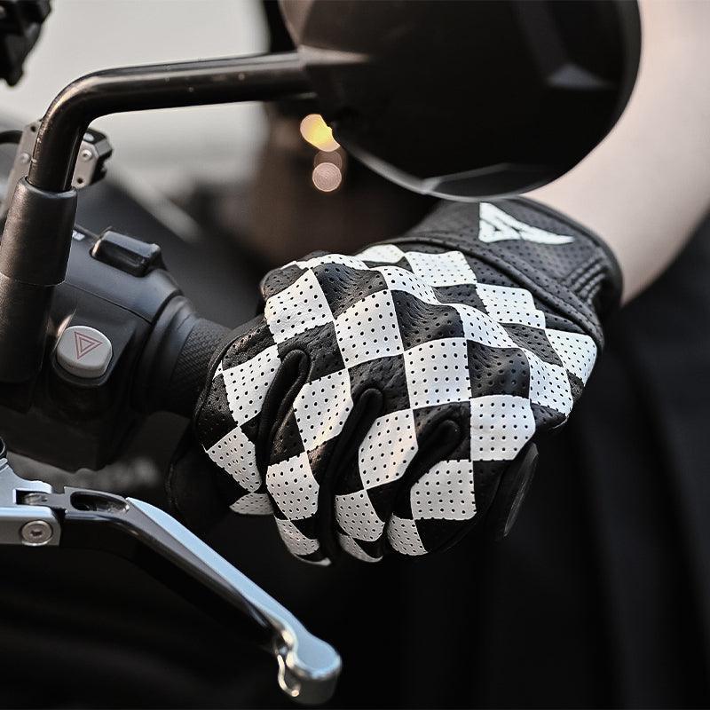 Bean's Moto Booth HVA™ Checkerboard motorcycle gloves with black and white checkerboard design and padded knuckles.