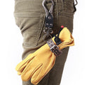 Black motorcycle leather glove with anti-loss buckle from Bean's Moto Booth, showing close-up of glove details and buckle attachment.