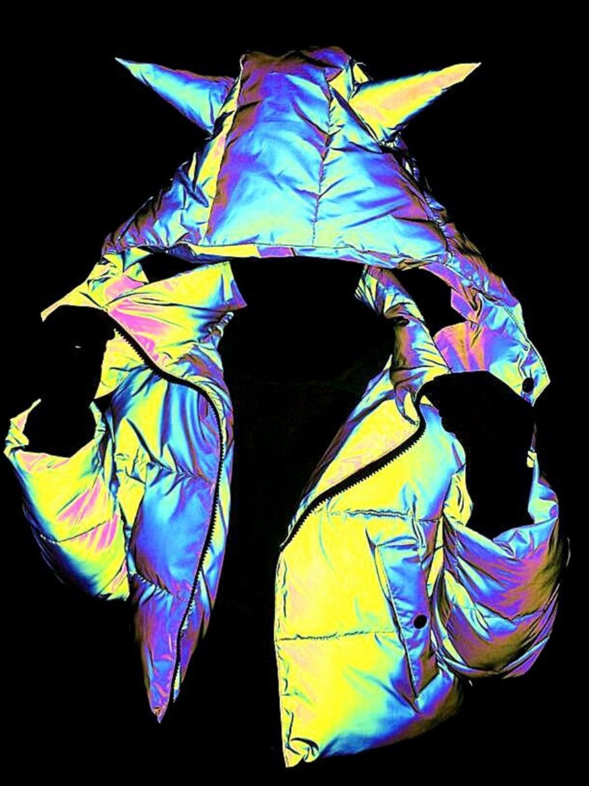 Rainbow reflective winter motorcycle jacket by Bean's Moto Booth featuring vibrant colors and reflective safety accents.