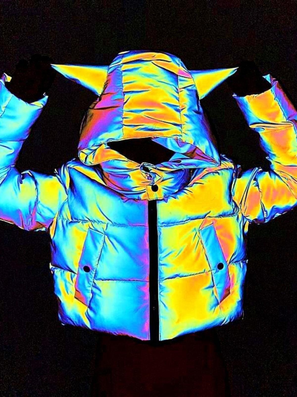 Rainbow reflective winter motorcycle jacket by Bean's Moto Booth with high-visibility reflective accents on a rugged winter motorcycle jacket
