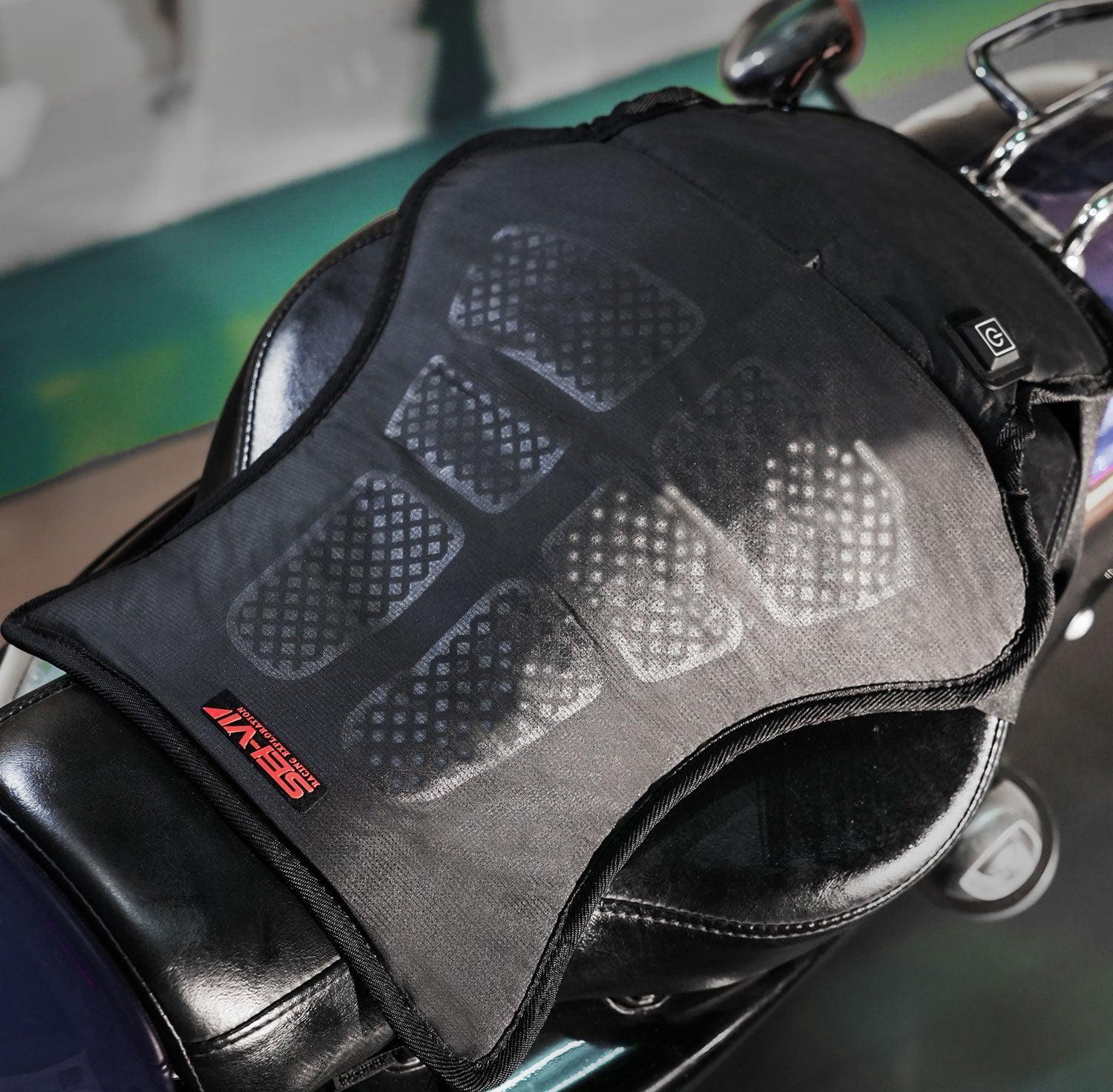 SEIVI™ Motorcycle Heated Seat Cushion from Bean's Moto Booth, close-up of the padded heated seat accessory for motorcycle comfort.