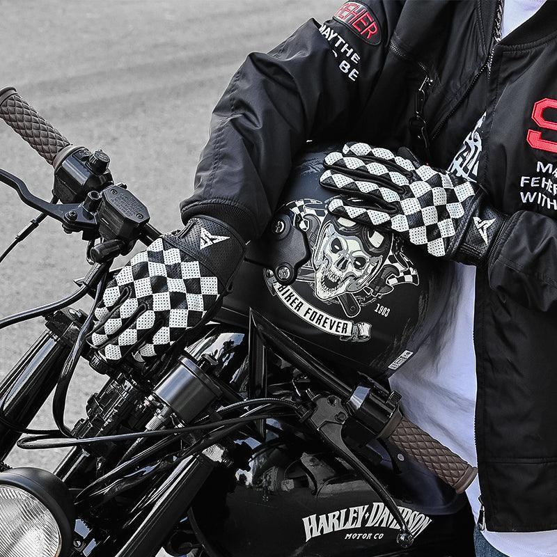 Bean's Moto Booth HVA™ Checkerboard motorcycle gloves with black and white checkerboard pattern and leather accents.