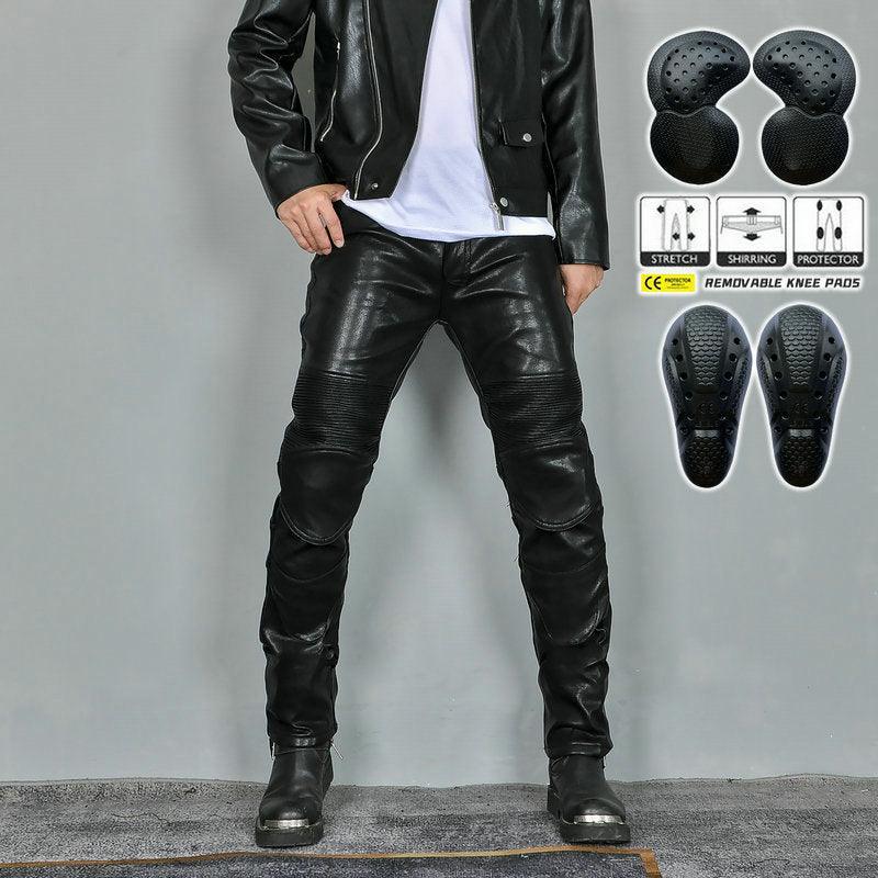 Bean's Moto Booth VOLERO™ motorcycle winter leather pants featuring windproof and protective design for riding in cold weather.