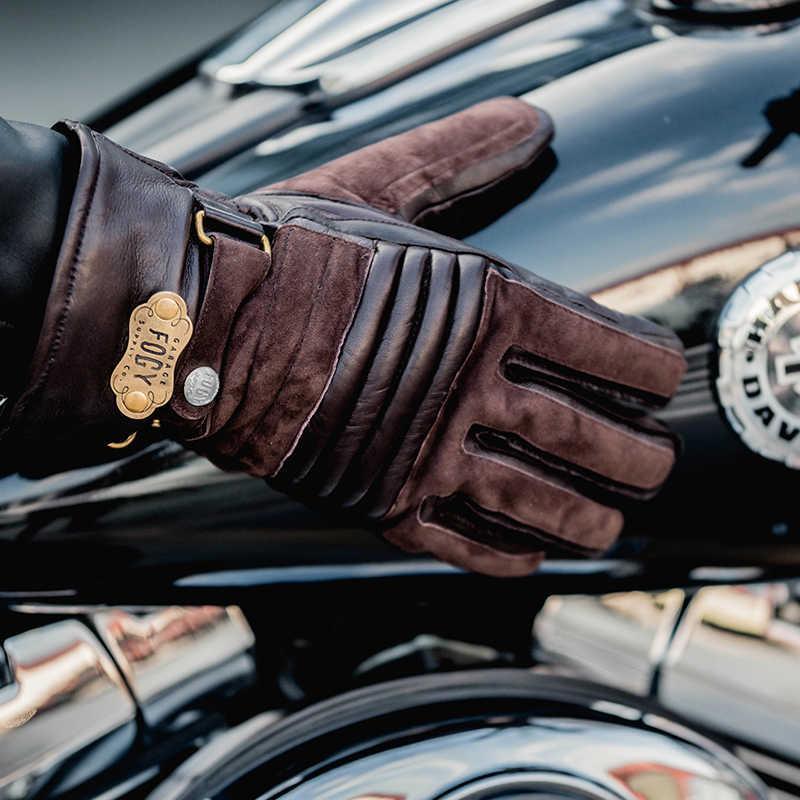 Bean's Moto Booth FOGY™ winter leather motorcycle gloves showing black leather construction with reinforced palms and adjustable cuffs.