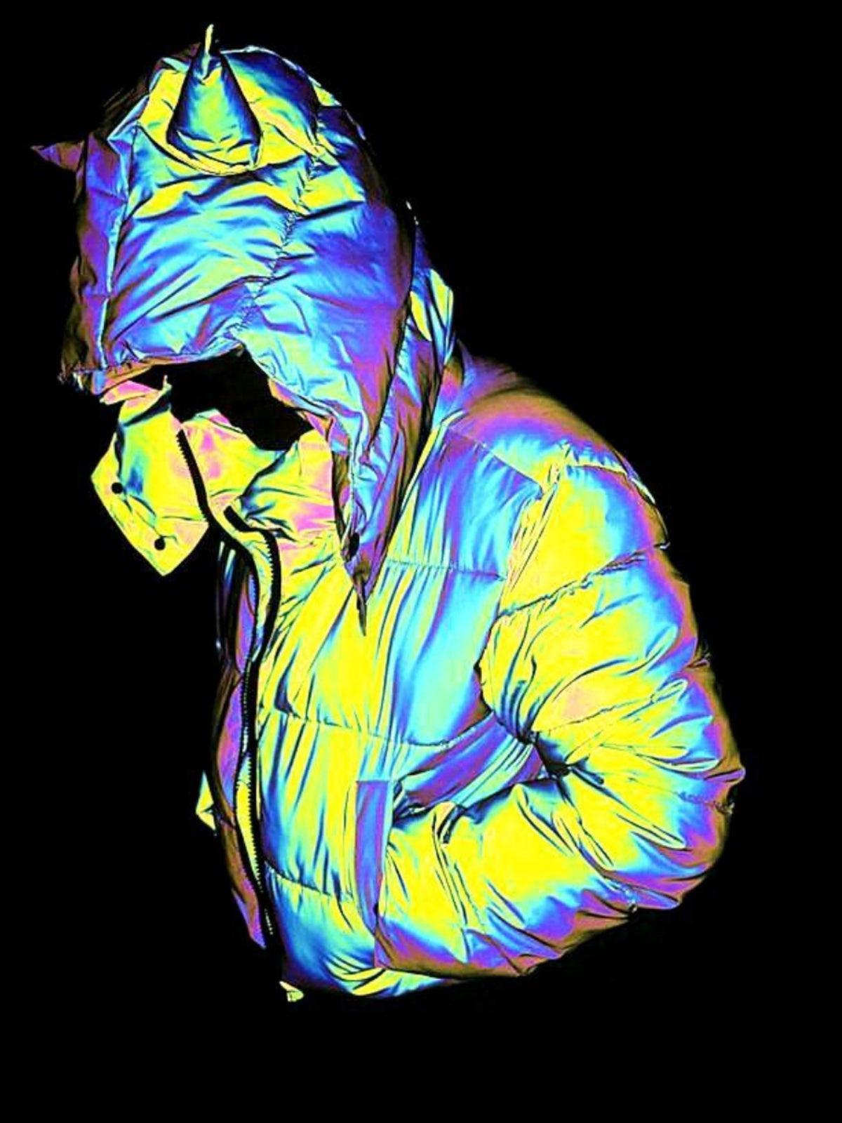 Rainbow reflective winter motorcycle jacket by Bean's Moto Booth, featuring vibrant rainbow details and warm, protective design.
