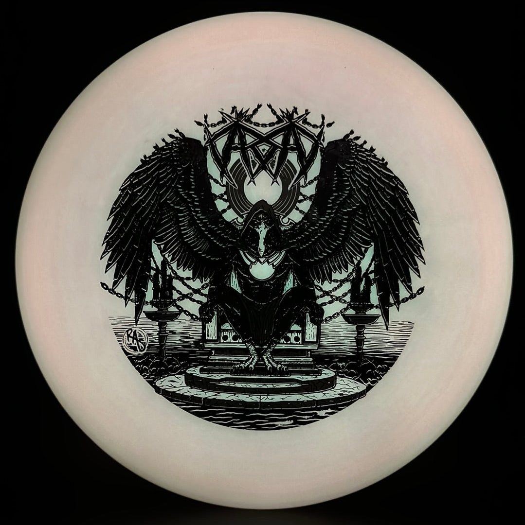 ESP Glo Buzzz disc golf disc by Ripper Studios featuring Karudi the Overseer from Cult of RAD, with vibrant glowing design.