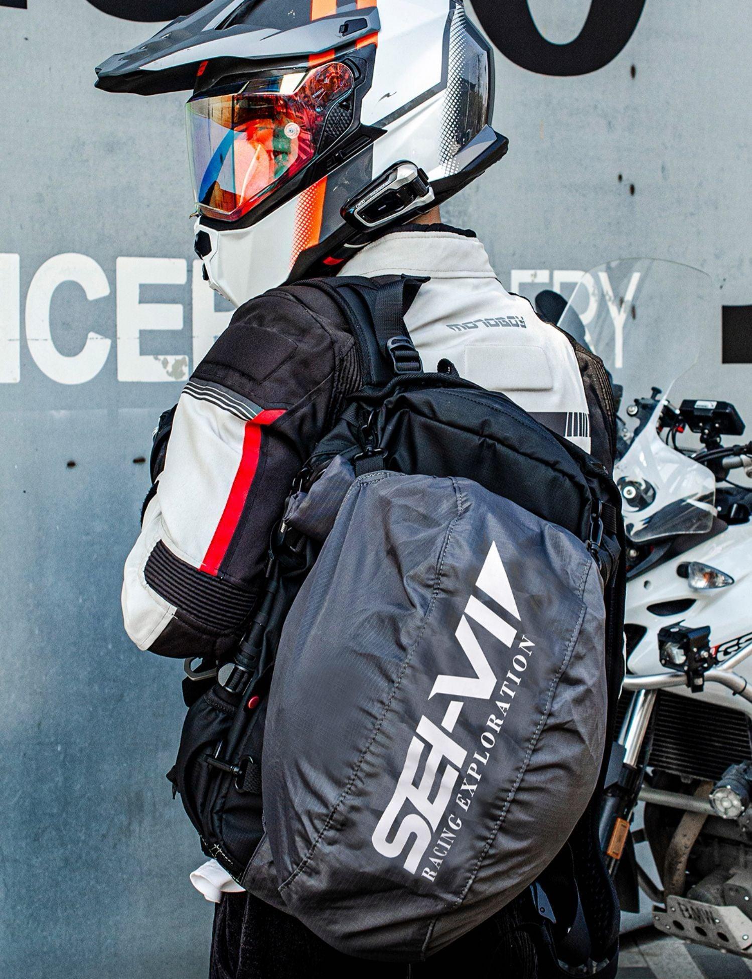SEIVI™ motorcycle touring tactical camping backpack from Bean's Moto Booth with multiple compartments and durable straps.