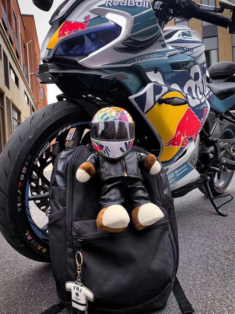 Decor motorcycle buddy helmet bear figurine by Bean's Moto Booth, detailed bear with helmet for motorcycle-themed decor.