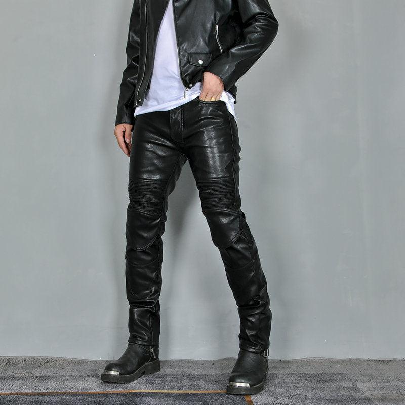 Black VOLERO™ motorcycle leather riding pants with windproof and protective features, designed for winter motorcycle riding.