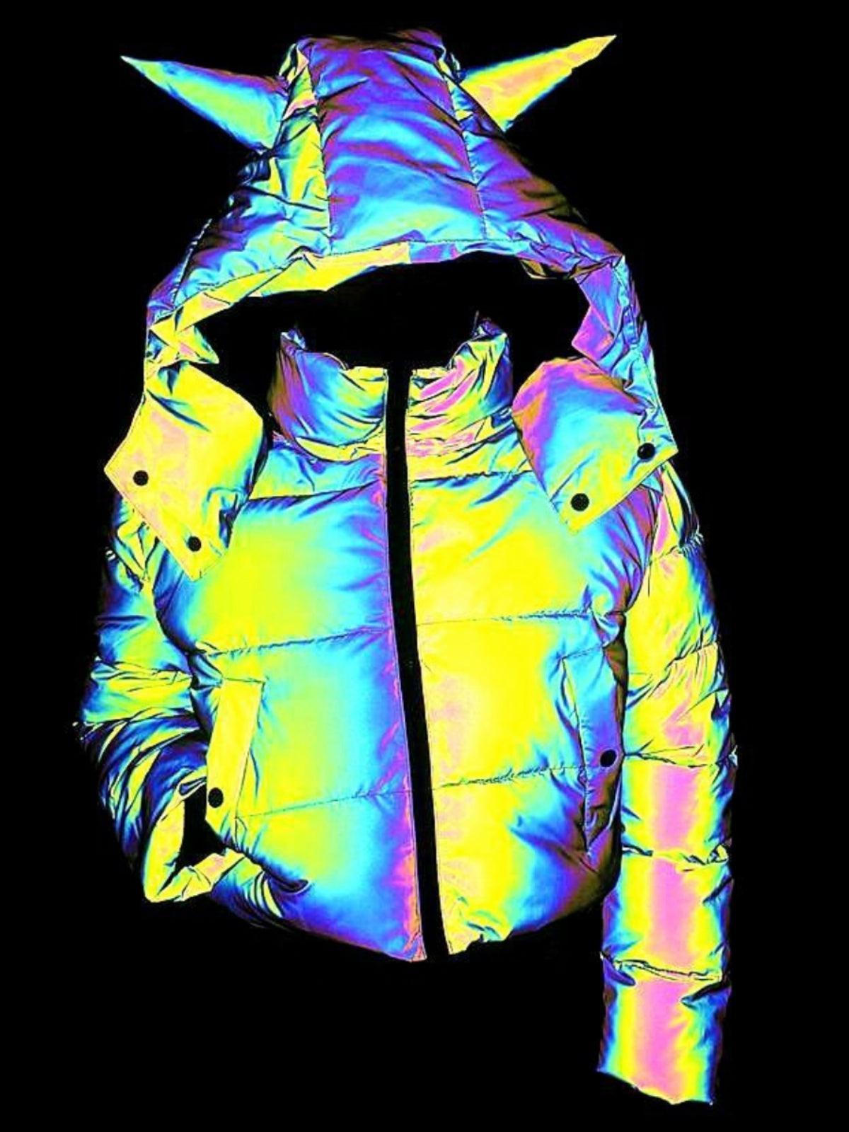 Rainbow reflective winter motorcycle jacket by Bean's Moto Booth with vibrant colors and reflective details for safety and style.