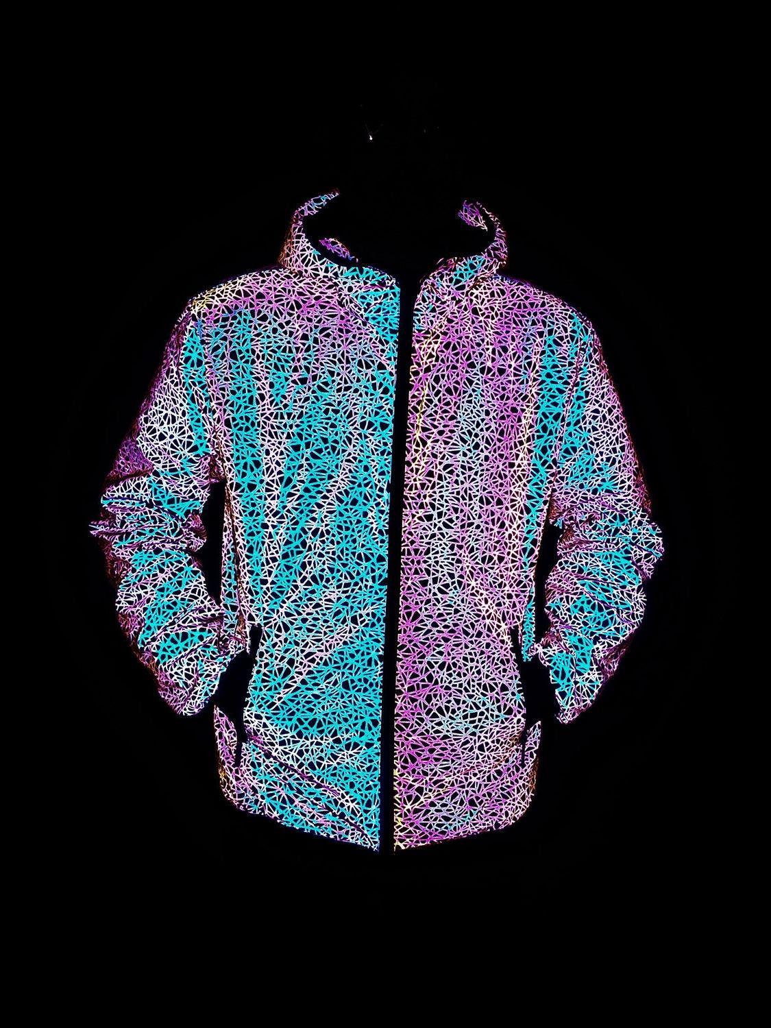 Reflective Midnight Rider motorcycle jacket by Bean's Moto Booth, showing black fabric with reflective detailing and motorcycle style design.