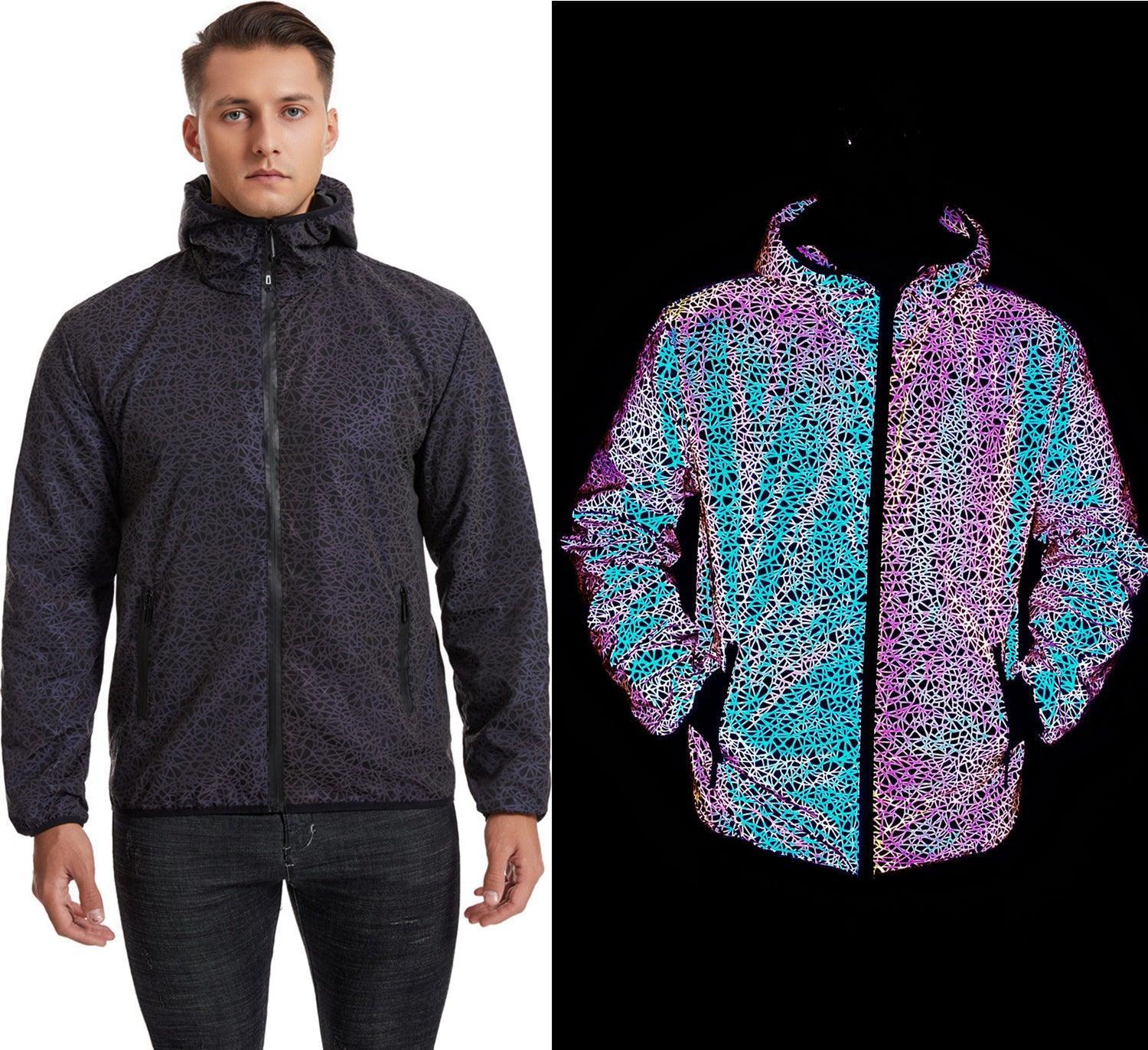 Bean's Moto Booth Midnight Rider reflective motorcycle jacket with black fabric and reflective accents, designed for motorcycle riding safety.
