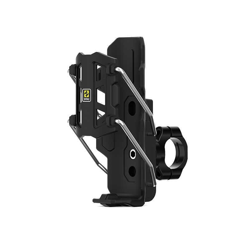Bean's Moto Booth SMNU™ motorcycle adaptive anti-slip water bottle holder attached to motorcycle handlebar, durable and secure.