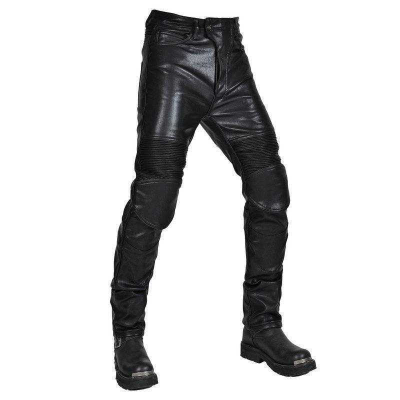 Bean's Moto Booth VOLERO™ motorcycle winter leather pants with windproof, protective riding features, shown in black on a model.