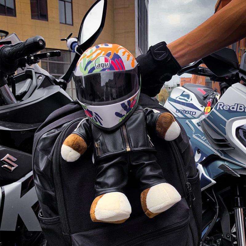 Decor motorcycle-themed bear helmet figurine by Bean's Moto Booth, perfect for motorcycle decor and fan collections.
