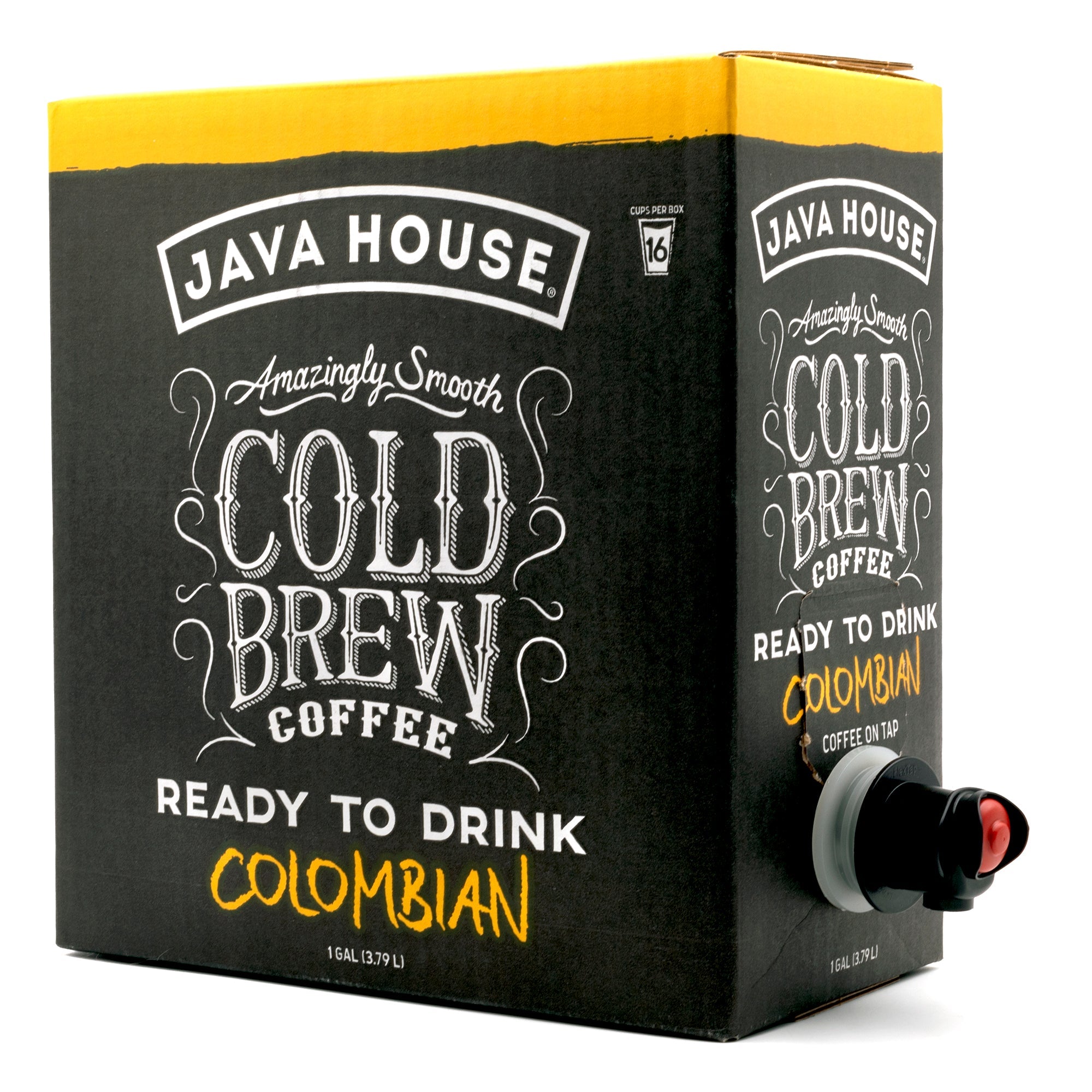 Cold brew on tap from Java House featuring Colombian coffee beans in a sleek dispenser with dark coffee inside.