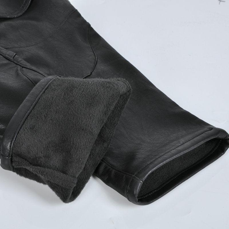 Bean's Moto Booth VOLERO™ motorcycle winter windproof leather riding pants with reinforced knee panels and adjustable waistband.
