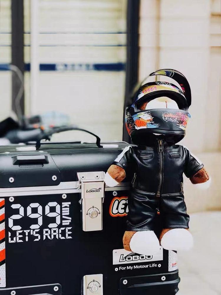 Decor motorcycle buddy helmet bear figure by Bean's Moto Booth, cute bear with a motorcycle helmet for display or collection.