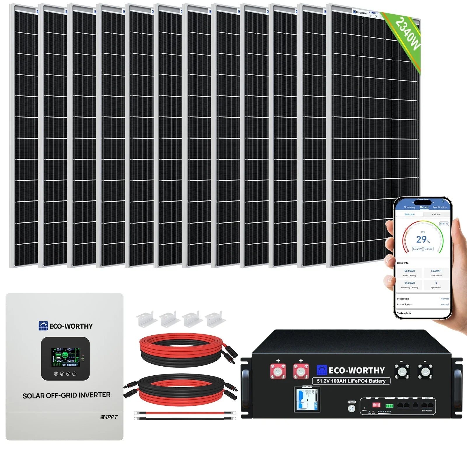 Eco-Worthy 2340W 48V (12×195W) Complete MPPT Off-Grid Solar Kit | 5kW Inverter + 48V 100Ah Rack Battery - OVERLANDERS Outfitter