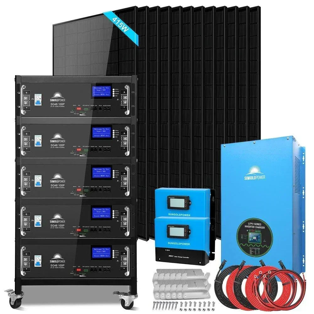 Green Vista Living off-grid solar kit with 12 solar panels, lithium battery, and server rack setup for renewable energy system