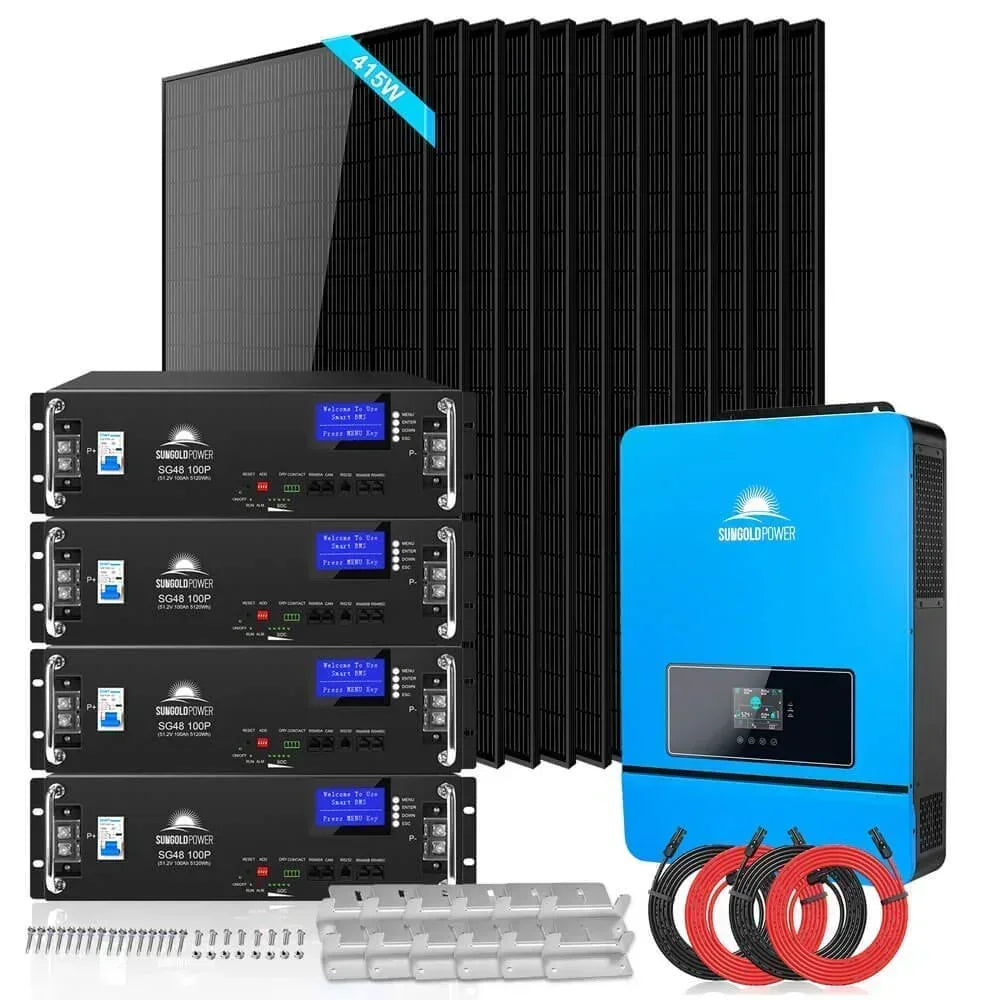 Off Grid Solar Kit with 12 solar panels, lithium batteries, and 8000W inverter by Green Vista Living for off-grid energy.