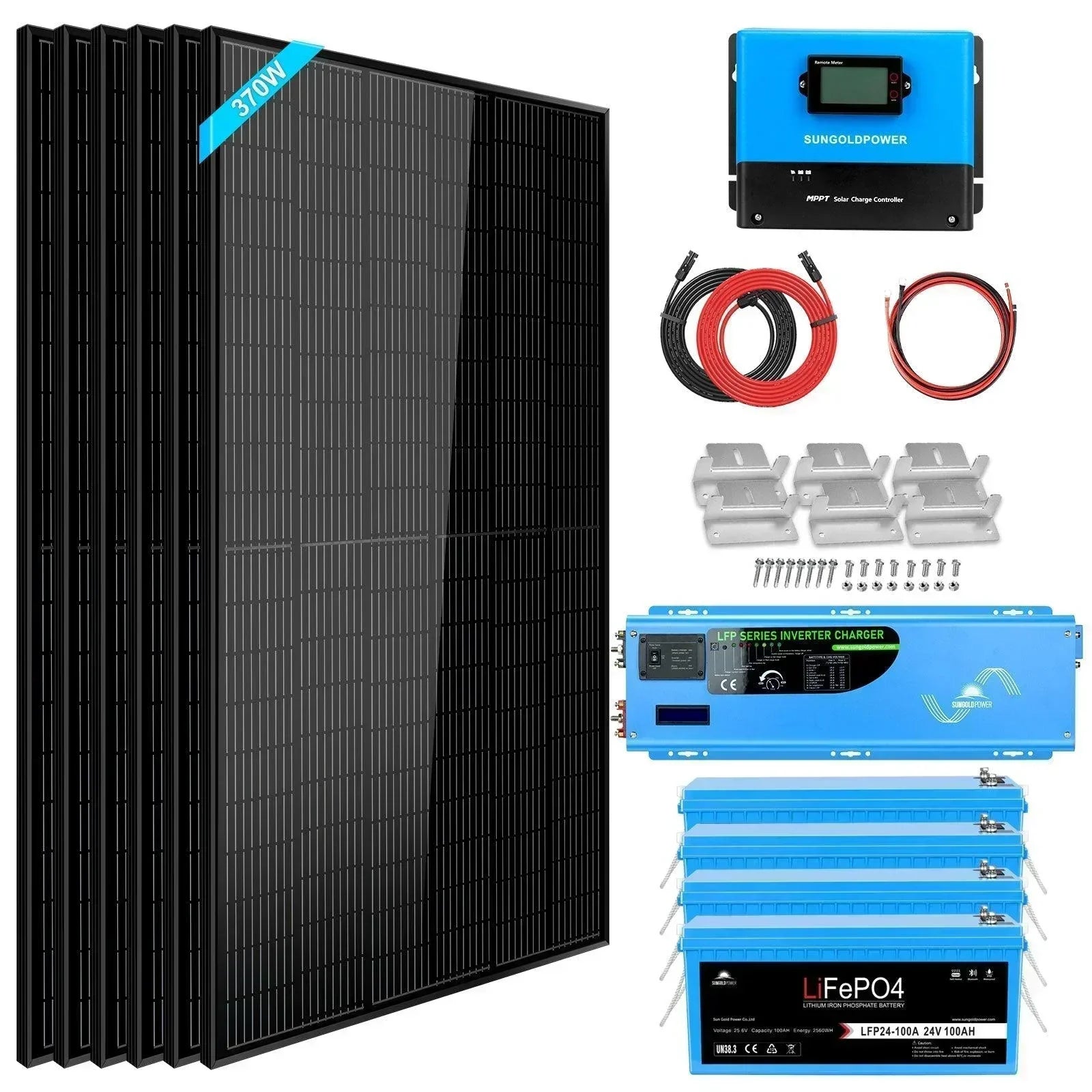Green Vista Living Off Grid Solar Kit with 6 solar panels, lithium battery, and inverter, for renewable energy storage and usage