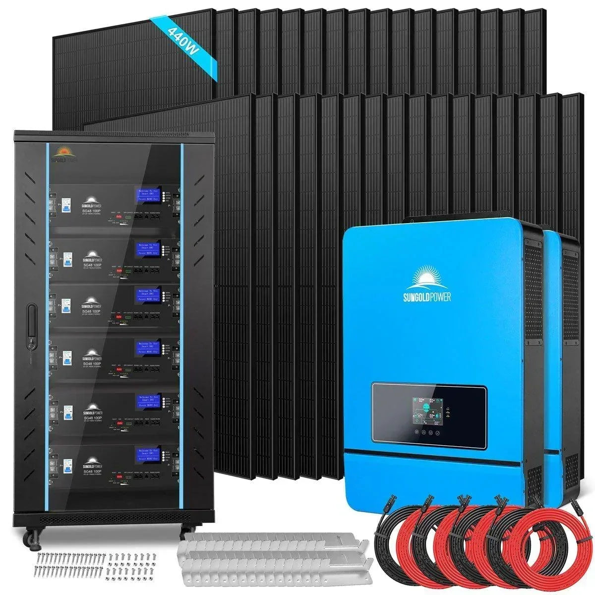 Off Grid Solar Kit with 32 solar panels, 20kW capacity, lithium battery, and inverter from Green Vista Living.