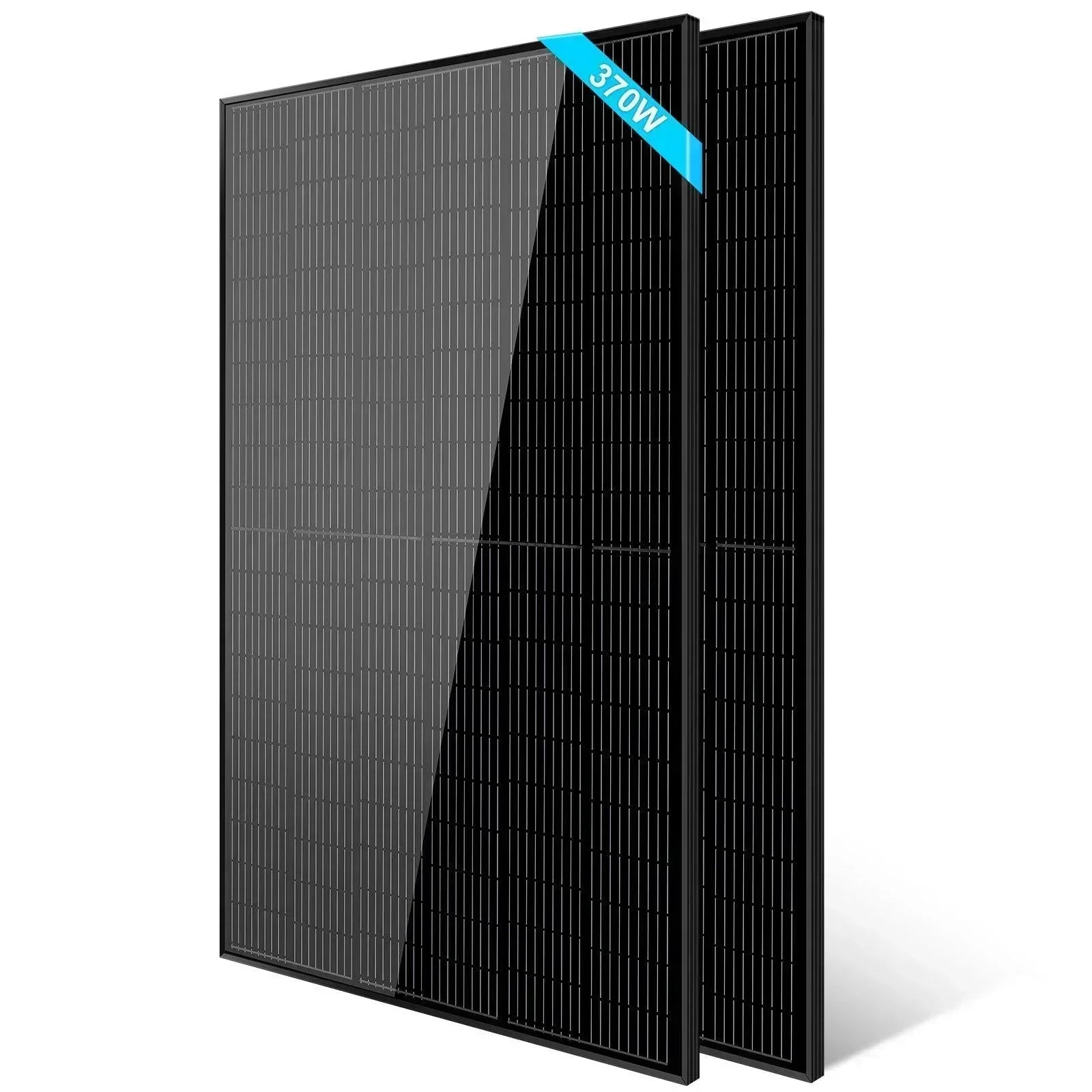 Green Vista Living Sungold Power 370W mono black PERC solar panel on full pallet, showing 32 high-efficiency monocrystalline solar panels.
