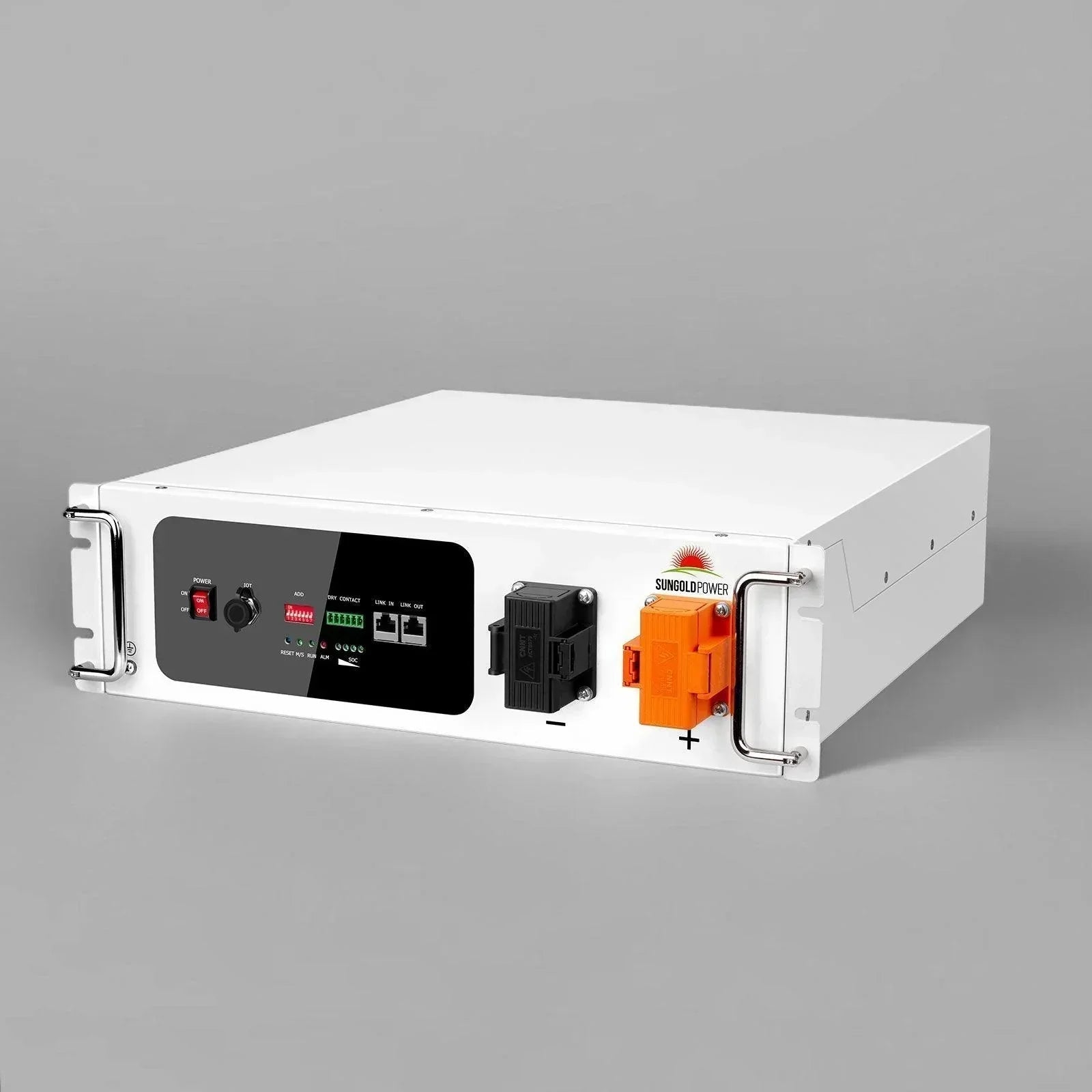 Green Vista Living Sungold Power SGH48100T lithium battery server rack with self-heating technology, 48V 100AH capacity, shown in image.