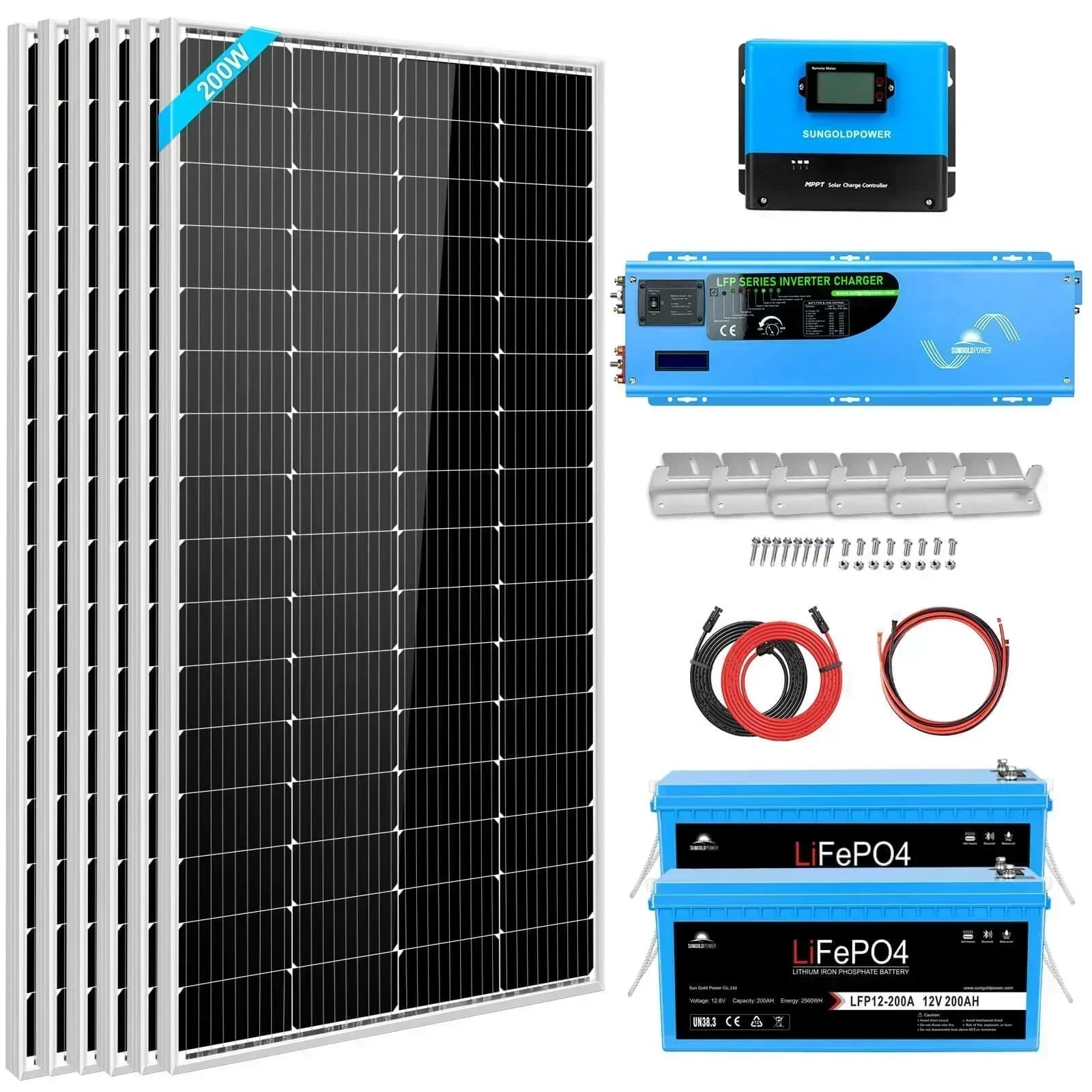 Green Vista Living Sungold Power Off Grid Solar Kit with 4000W inverter, 12VDC battery, and 1200W solar backup system.