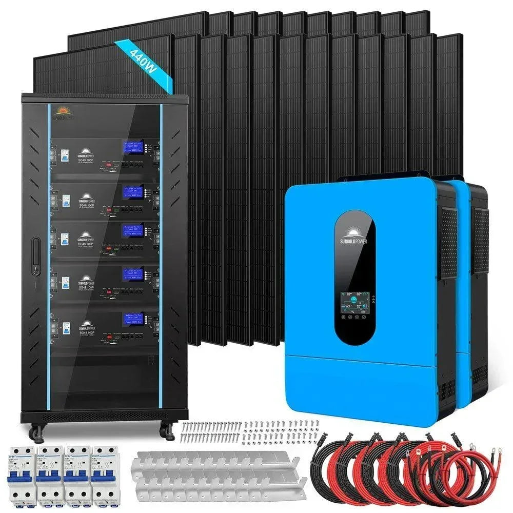 Green Vista Living Off Grid Solar Kit with 25.6KWH lithium battery, 22 solar panels, and 13000W power system.