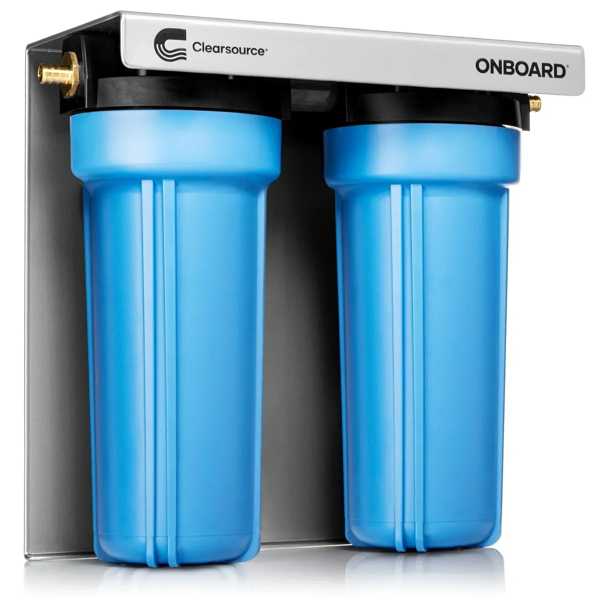 Green Vista Living Clearsource 2 Canister RV Water Filter System showing stainless steel canisters and hoses on a clean background.