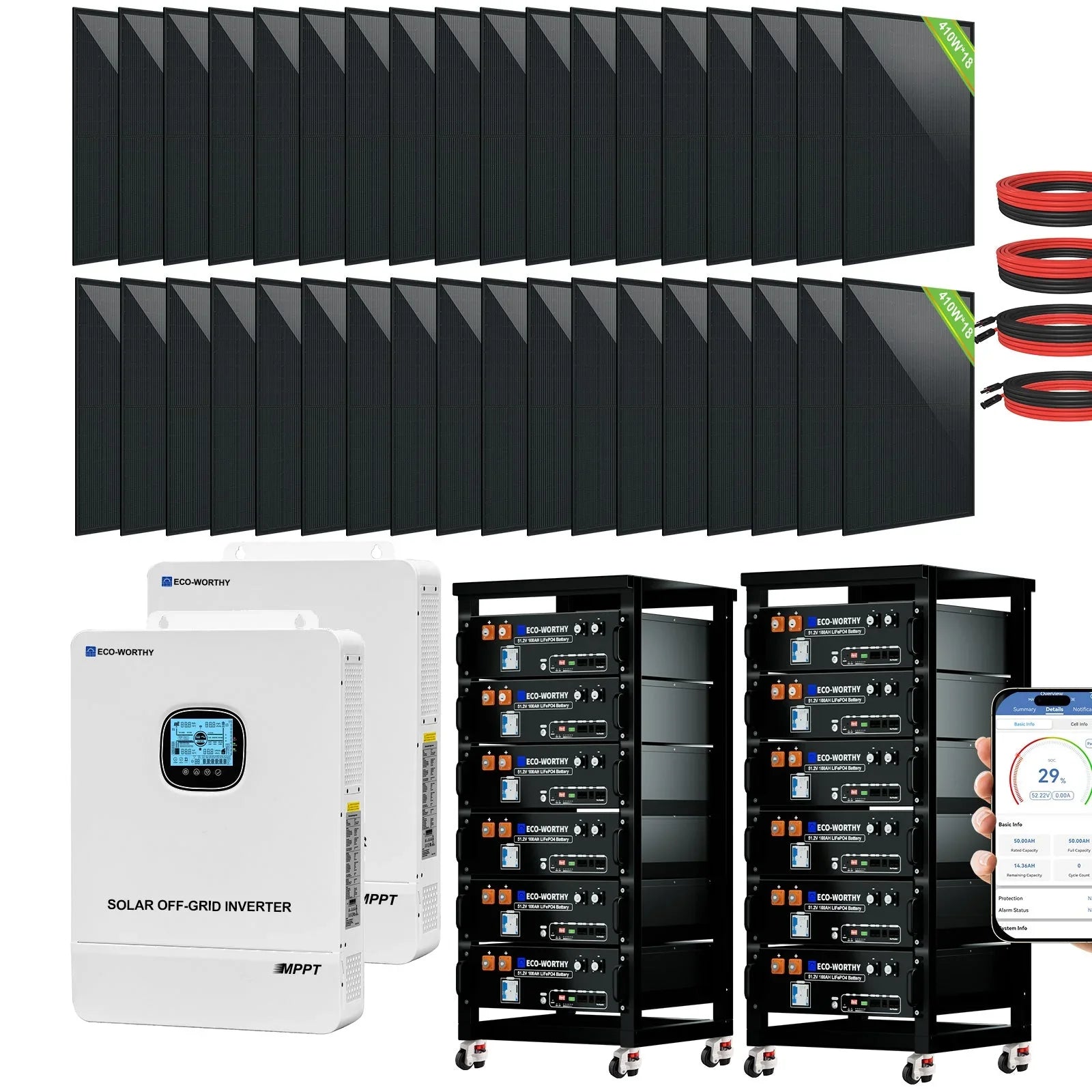 ECO-WORTHY Complete Off-Grid Solar Power System - 10000W 120/240V Output | 20.48kWh/61.44kWh Lithium Battery | 4920 Watts/14760Watts PV Input - OVERLANDERS Outfitter