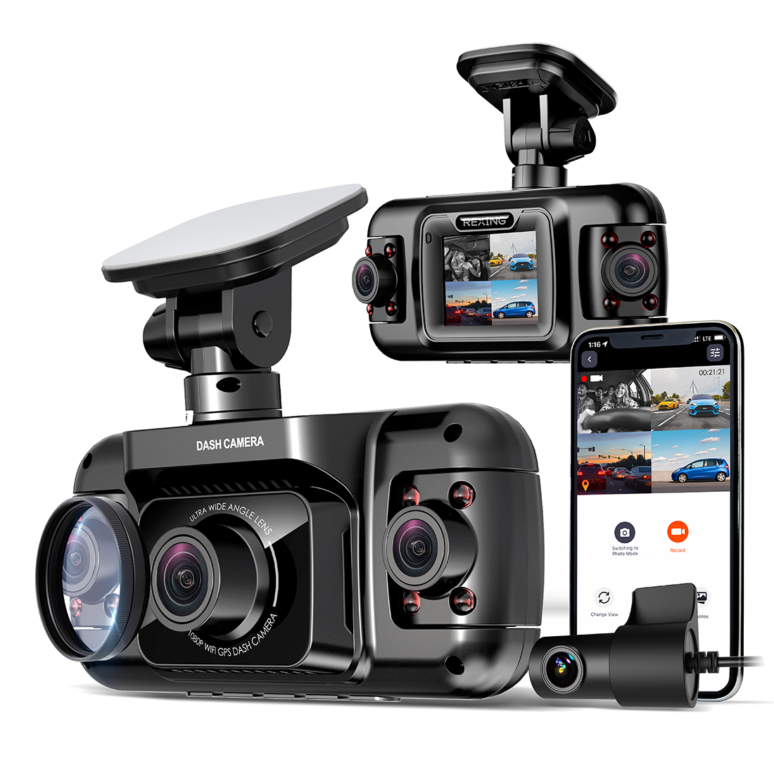 Rexing R4 dash cam featuring four channels, 1080p resolution, Wi-Fi, and GPS for comprehensive vehicle coverage.