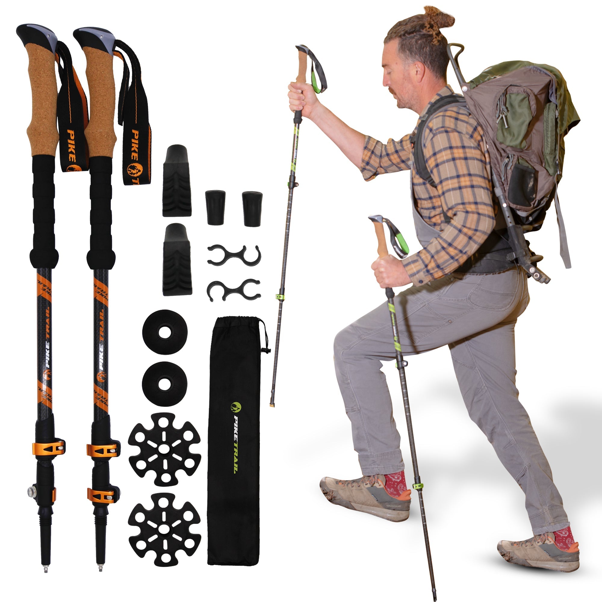 Pike Trail carbon fiber trekking poles, lightweight and adjustable hiking poles for outdoor adventures, shown in a natural outdoor setting.