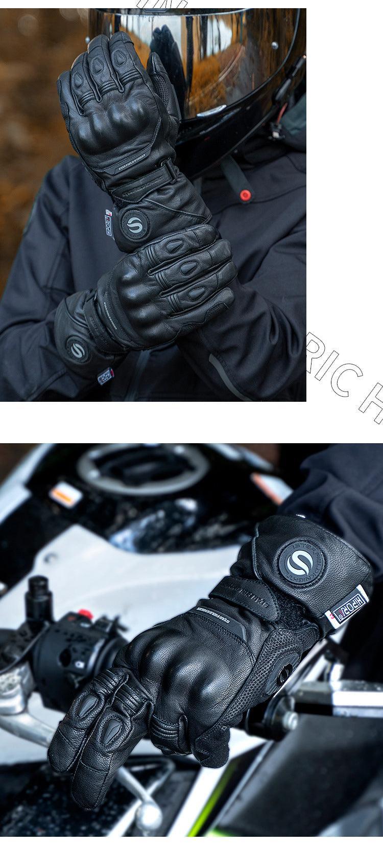 Bean's Moto Booth STAR FIELD KNIGHT heated motorcycle winter gloves with black leather and touchscreen fingertips.