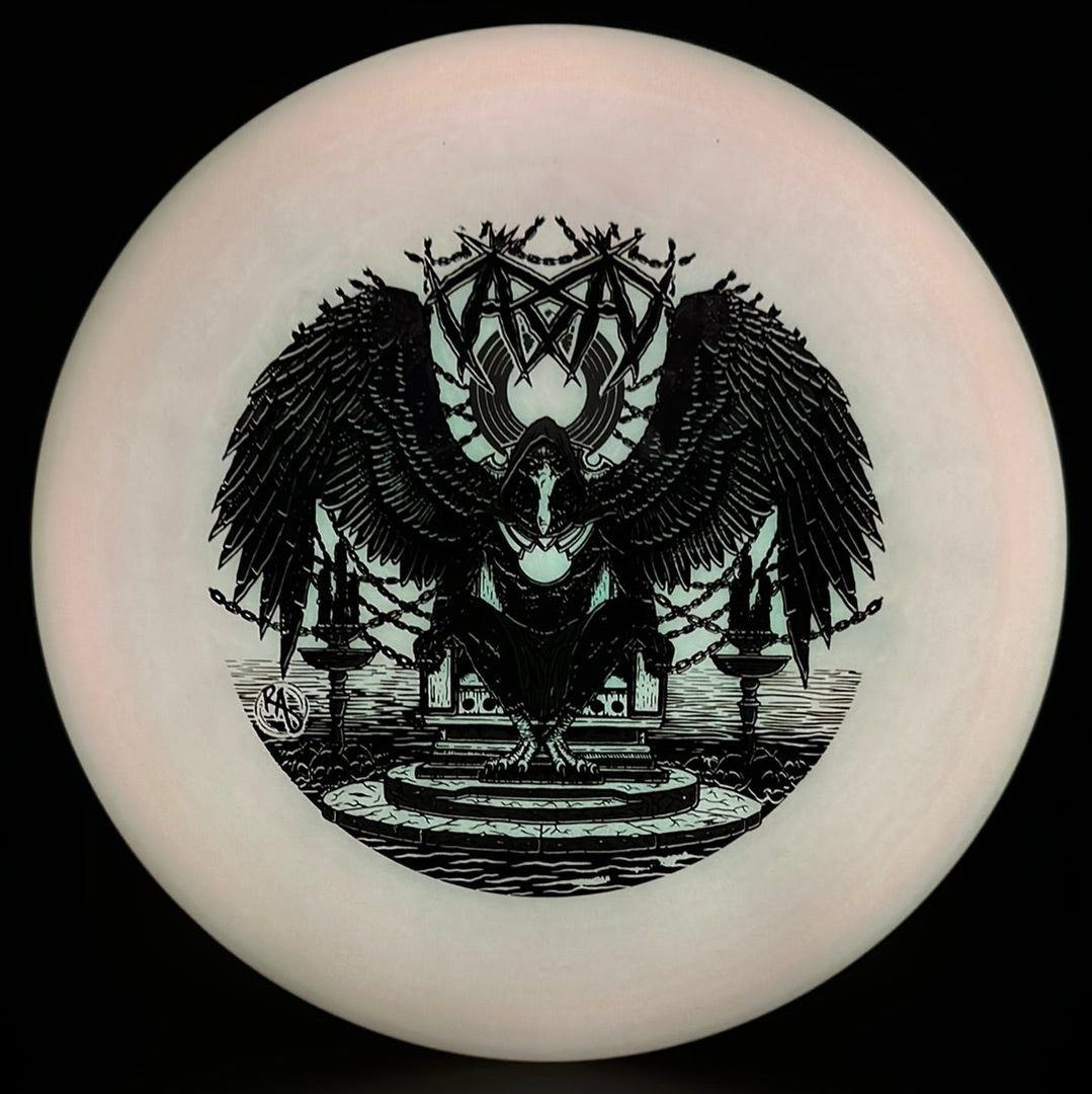 Rare Air Discs ESP Glo Buzzz disc golf disc featuring Karudi the Overseer design from Cult of RAD by Ripper Studios.
