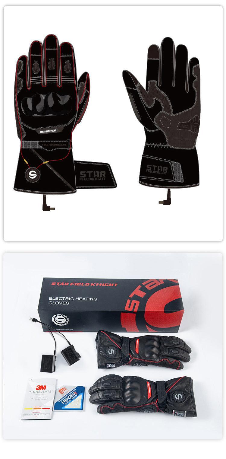 Bean's Moto Booth STAR FIELD KNIGHT™ heated motorcycle gloves with black leather and touchscreen fingertips, suitable for winter riding.