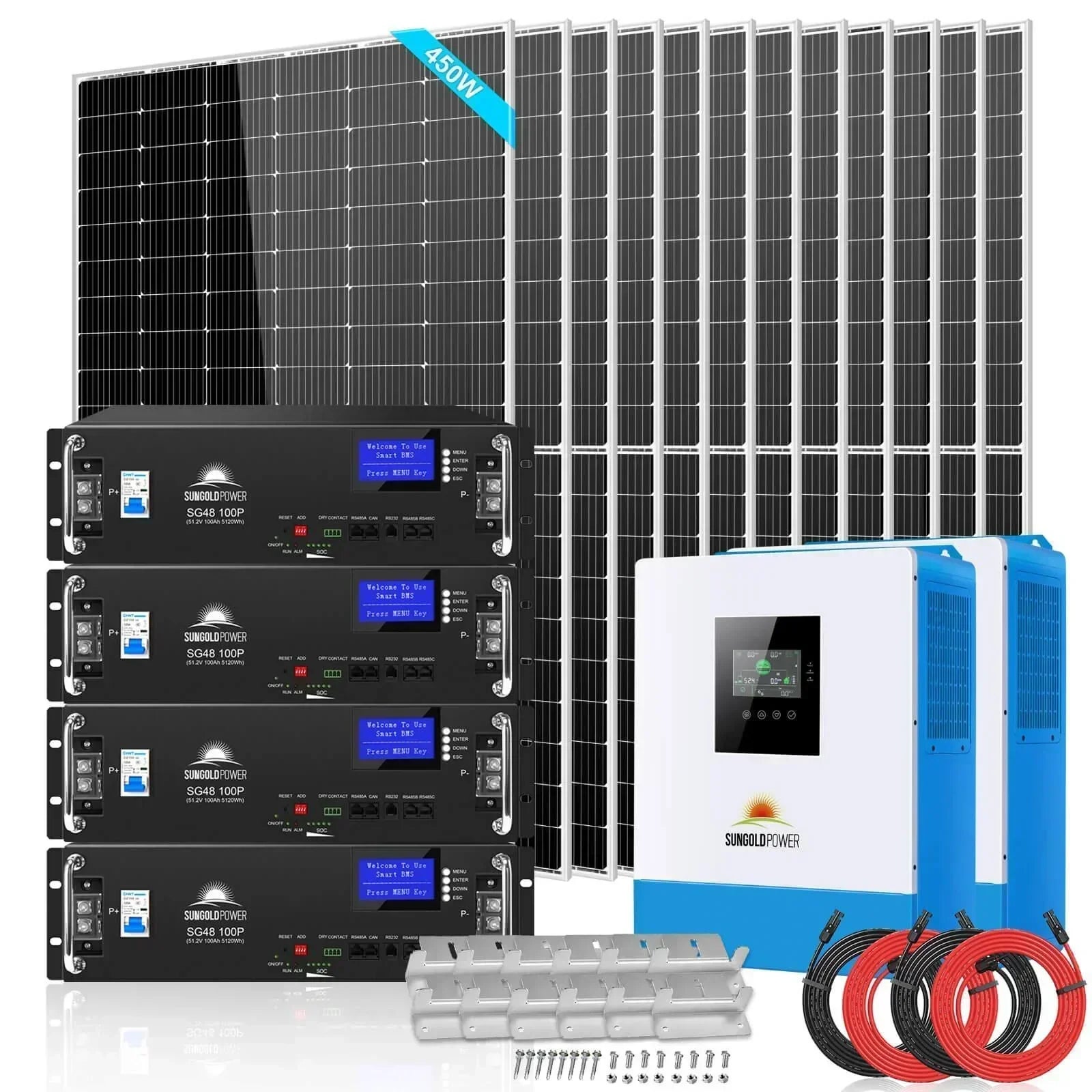 Green Vista Living Off Grid Solar Kit with 12 solar panels and 20.48KWh lithium battery for server rack power backup.
