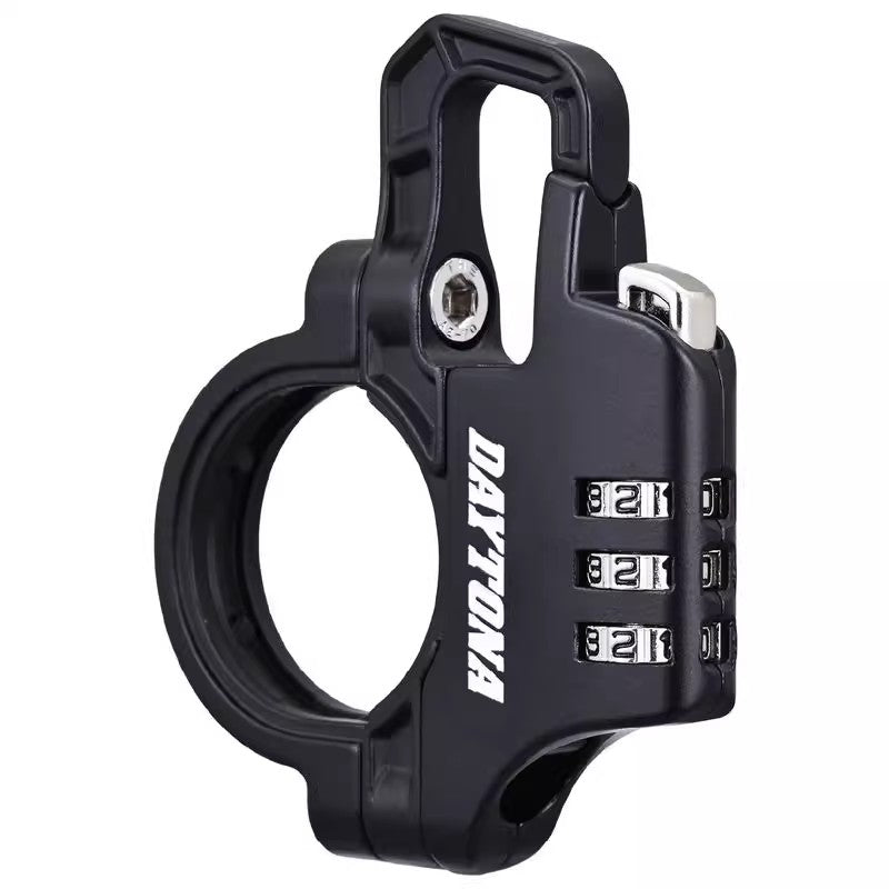 Bean's Moto Booth Daytona™ motorcycle handlebar and helmet lock, durable metal lock with key for secure helmet attachment.